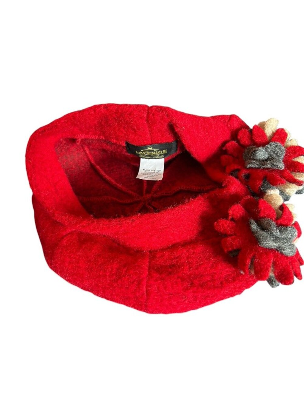 LaFenice Wool Blend Hat Tam Red Gray Tan Made in Florence Italy Italian Fashion